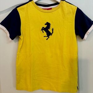 Ferrari Yellow Tee with Black Prancing Horse and Navy Sleeves Sz 6